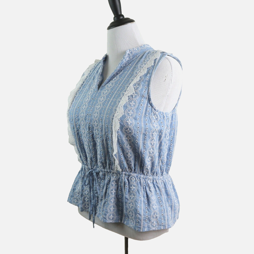 Ann Taylor Size L Chambray Lace Tie Front Top Peplum Sleeveless Blue
